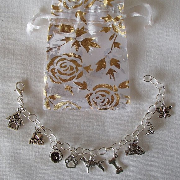 Puppy Dogs Animal Theme Charm Bracelet Handcrafted + Organza Roses Gift Bag - Picture 2 of 7